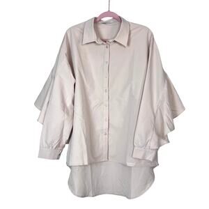 MULLA Ruffle Back Oversized Button Down Blouse Top Beige Long Sleeve L